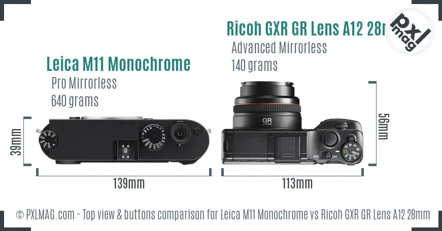 Leica M11 Monochrome vs Ricoh GXR GR Lens A12 28mm F2.5 top view buttons comparison