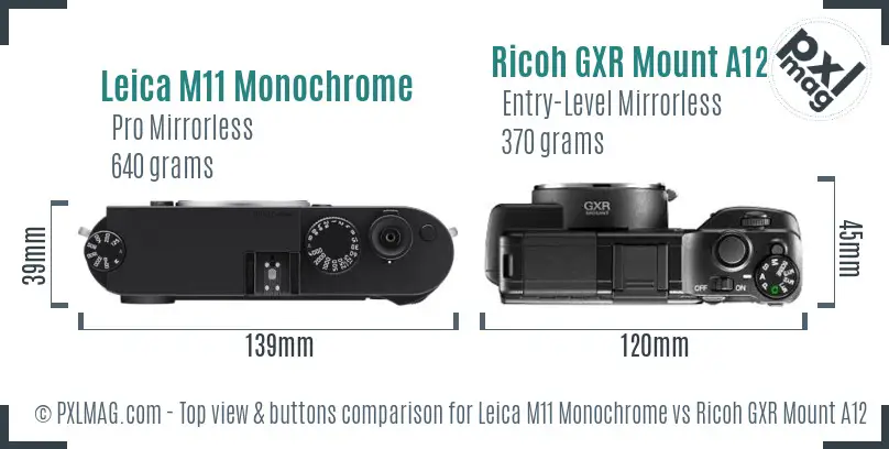 Leica M11 Monochrome vs Ricoh GXR Mount A12 top view buttons comparison