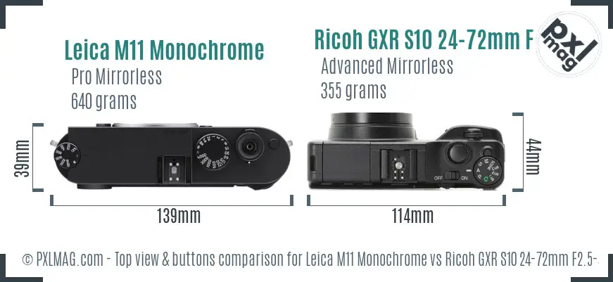 Leica M11 Monochrome vs Ricoh GXR S10 24-72mm F2.5-4.4 VC top view buttons comparison Leica M11 Monochrome vs Ricoh GXR S10 24-72mm F2.5-4.4 VC top view buttons comparison