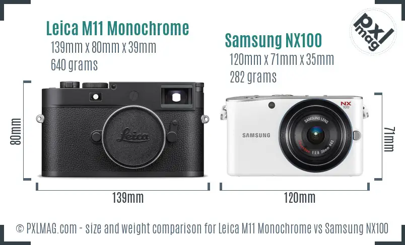 Leica M11 Monochrome vs Samsung NX100 size comparison
