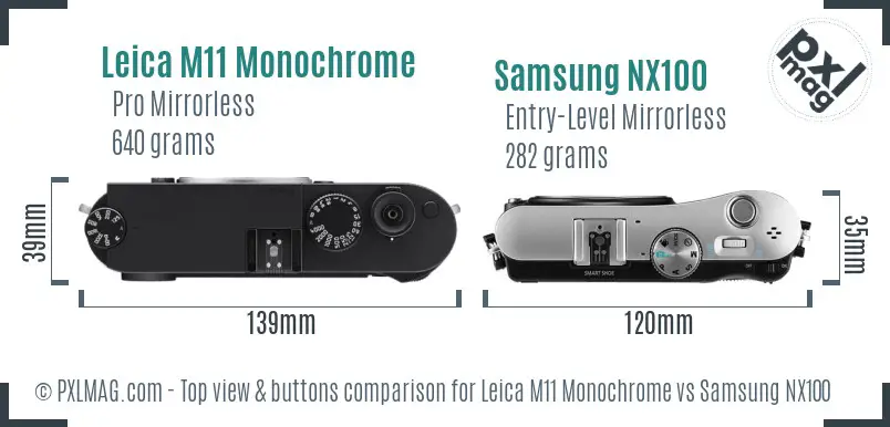 Leica M11 Monochrome vs Samsung NX100 top view buttons comparison