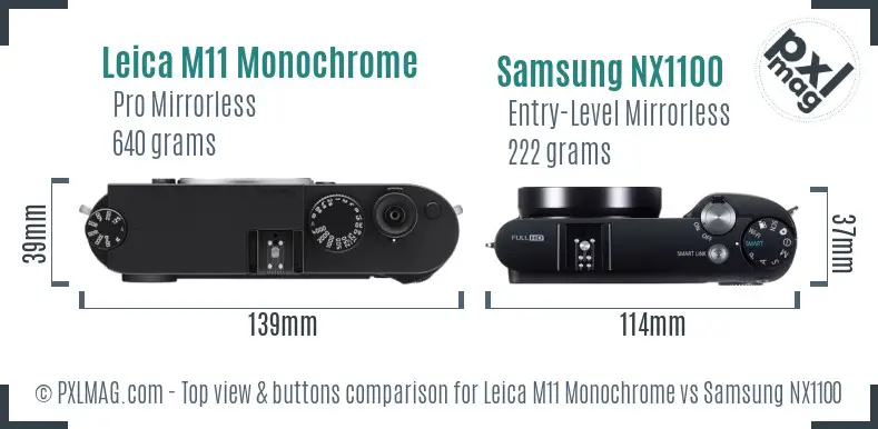 Leica M11 Monochrome vs Samsung NX1100 top view buttons comparison Leica M11 Monochrome vs Samsung NX1100 top view buttons comparison