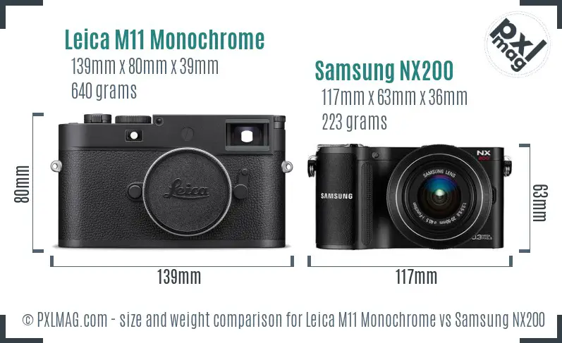 Leica M11 Monochrome vs Samsung NX200 size comparison