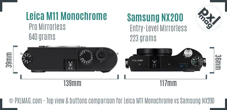 Leica M11 Monochrome vs Samsung NX200 top view buttons comparison