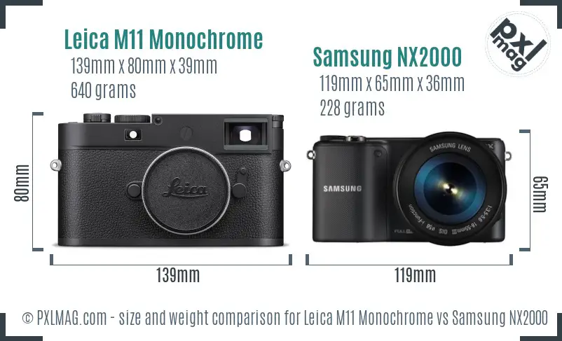 Leica M11 Monochrome vs Samsung NX2000 size comparison