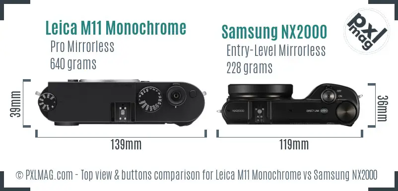 Leica M11 Monochrome vs Samsung NX2000 top view buttons comparison