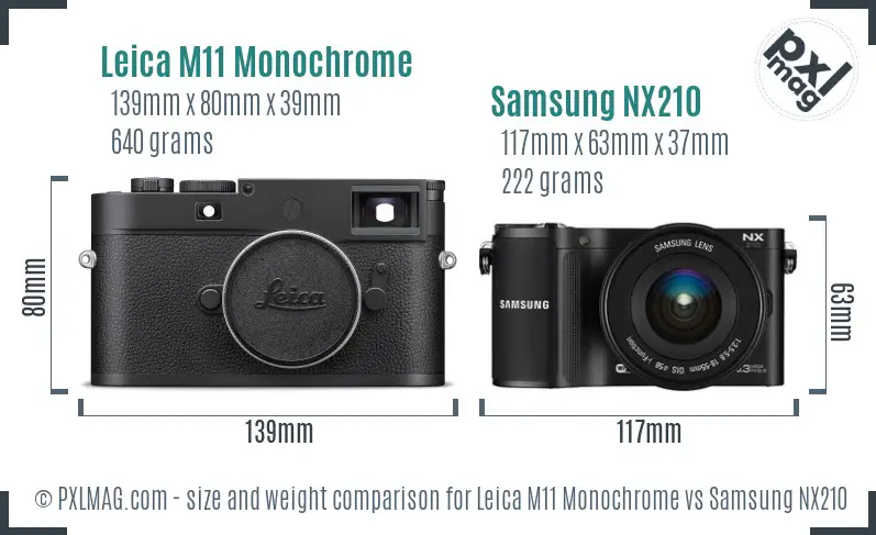 Leica M11 Monochrome vs Samsung NX210 size comparison