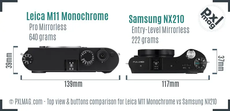 Leica M11 Monochrome vs Samsung NX210 top view buttons comparison