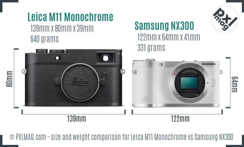 Leica M11 Monochrome vs Samsung NX300 size comparison