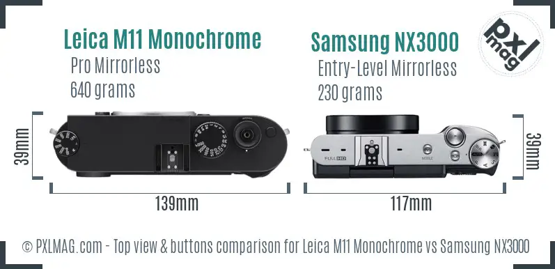 Leica M11 Monochrome vs Samsung NX3000 top view buttons comparison