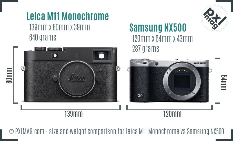 Leica M11 Monochrome vs Samsung NX500 size comparison Leica M11 Monochrome vs Samsung NX500 size comparison
