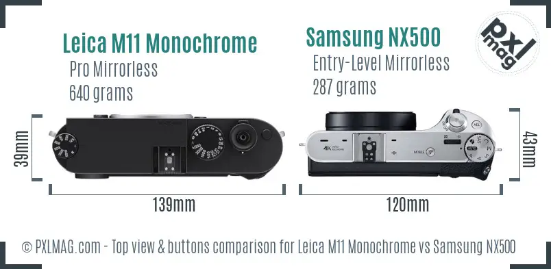 Leica M11 Monochrome vs Samsung NX500 top view buttons comparison Leica M11 Monochrome vs Samsung NX500 top view buttons comparison