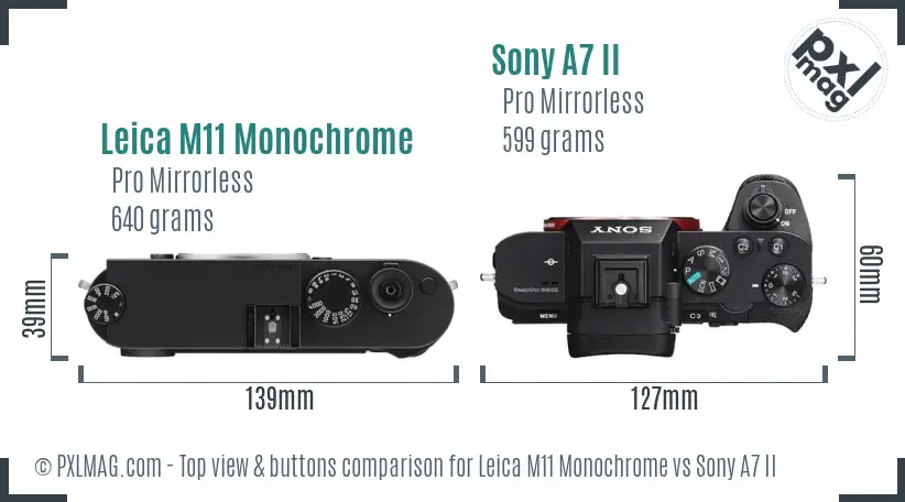 Leica M11 Monochrome vs Sony A7 II top view buttons comparison