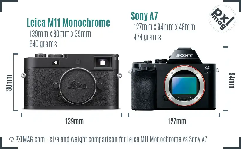 Leica M11 Monochrome vs Sony A7 size comparison