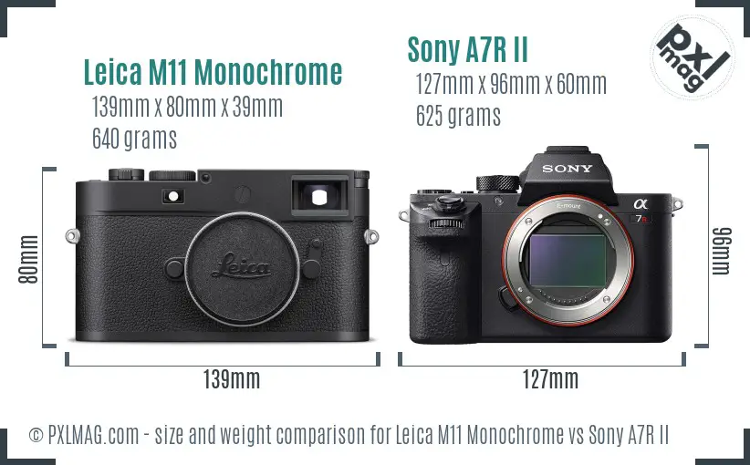 Leica M11 Monochrome vs Sony A7R II size comparison