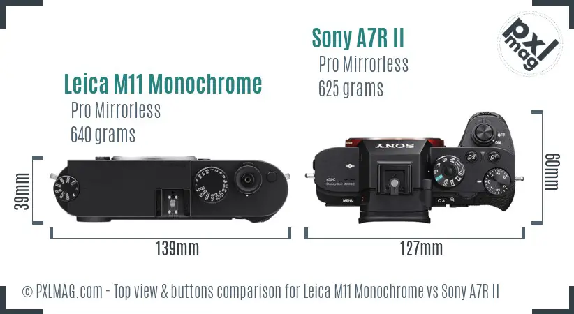 Leica M11 Monochrome vs Sony A7R II top view buttons comparison