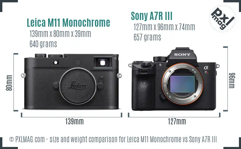 Leica M11 Monochrome vs Sony A7R III size comparison