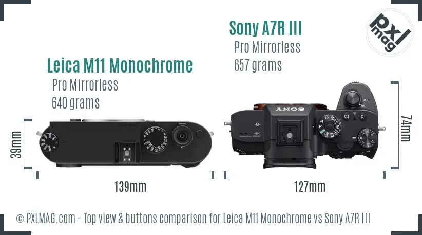 Leica M11 Monochrome vs Sony A7R III top view buttons comparison