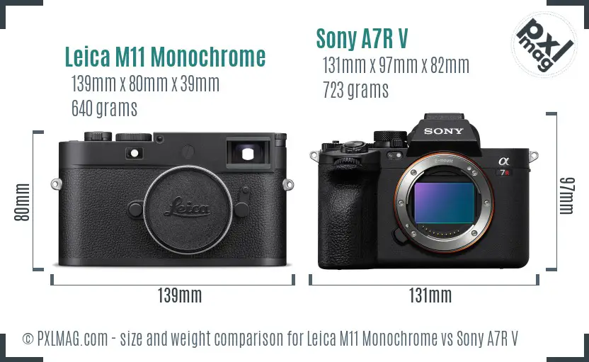 Leica M11 Monochrome vs Sony A7R V size comparison