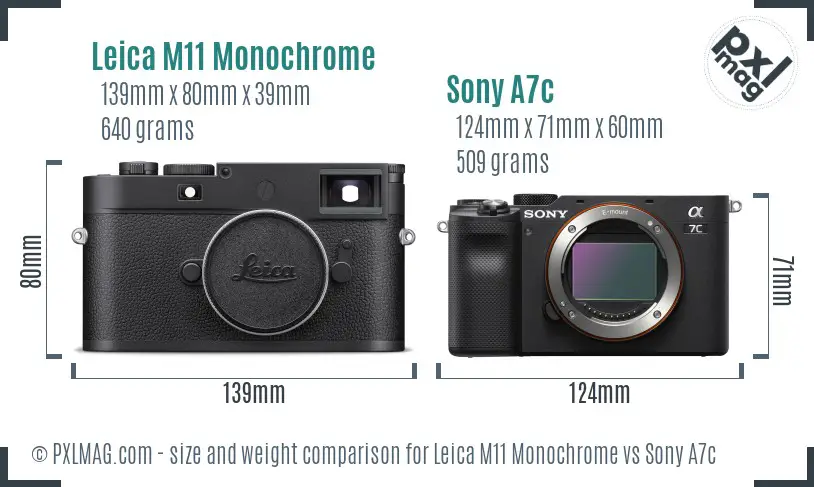 Leica M11 Monochrome vs Sony A7c size comparison