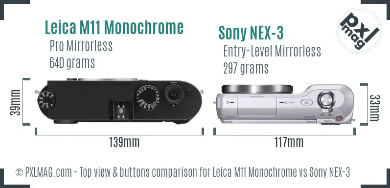 Leica M11 Monochrome vs Sony NEX-3 top view buttons comparison