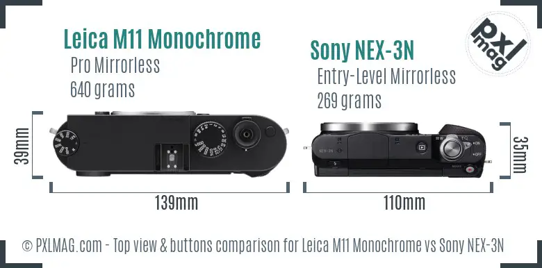 Leica M11 Monochrome vs Sony NEX-3N top view buttons comparison Leica M11 Monochrome vs Sony NEX-3N top view buttons comparison