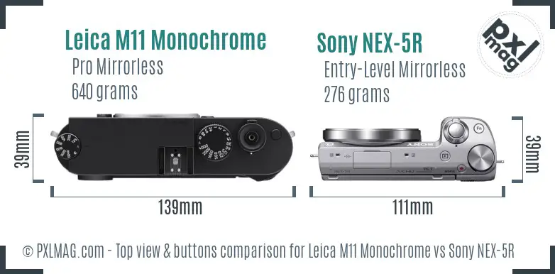 Leica M11 Monochrome vs Sony NEX-5R top view buttons comparison