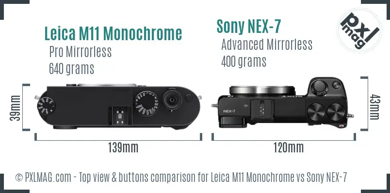 Leica M11 Monochrome vs Sony NEX-7 top view buttons comparison Leica M11 Monochrome vs Sony NEX-7 top view buttons comparison