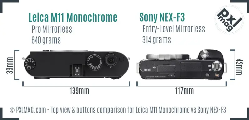 Leica M11 Monochrome vs Sony NEX-F3 top view buttons comparison