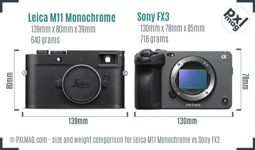 Leica M11 Monochrome vs Sony FX3 size comparison