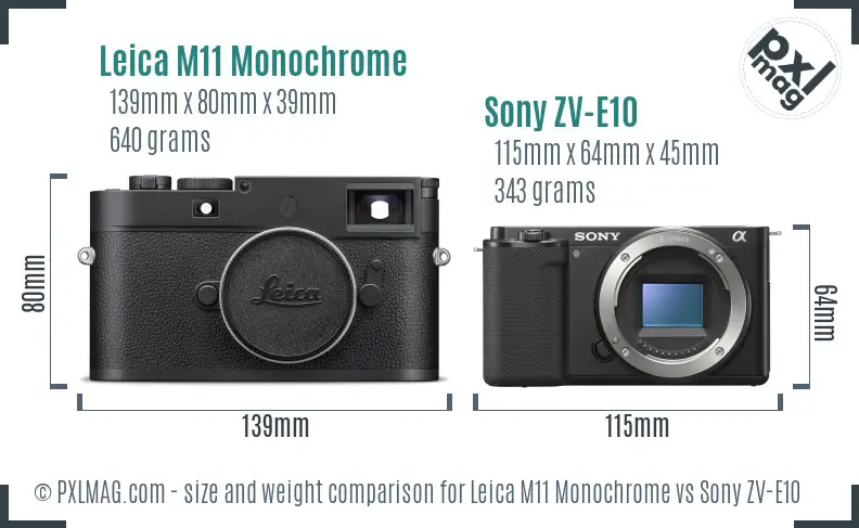 Leica M11 Monochrome vs Sony ZV-E10 size comparison