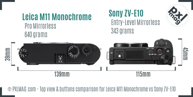 Leica M11 Monochrome vs Sony ZV-E10 top view buttons comparison