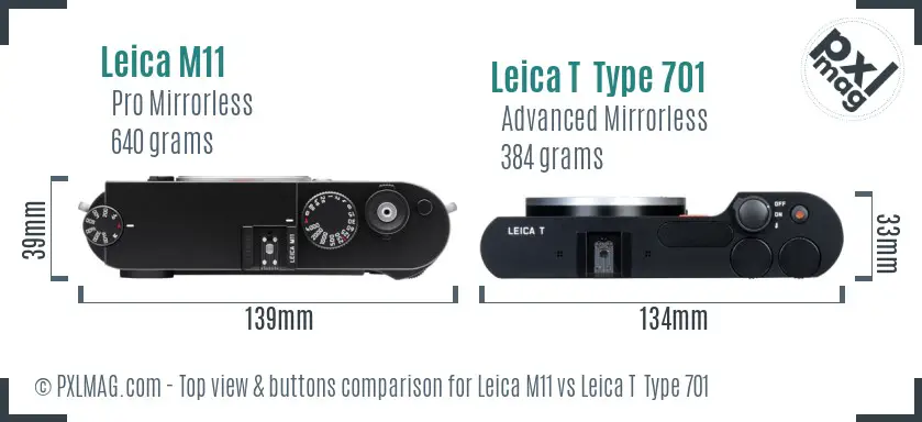 Leica M11 vs Leica T  Type 701 top view buttons comparison