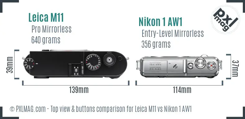 Leica M11 vs Nikon 1 AW1 top view buttons comparison