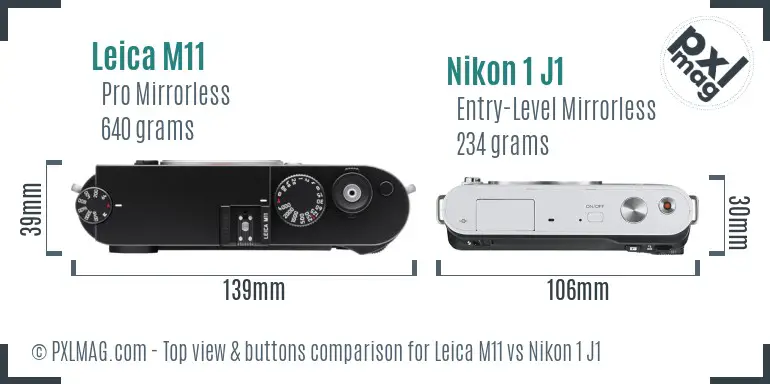 Leica M11 vs Nikon 1 J1 top view buttons comparison