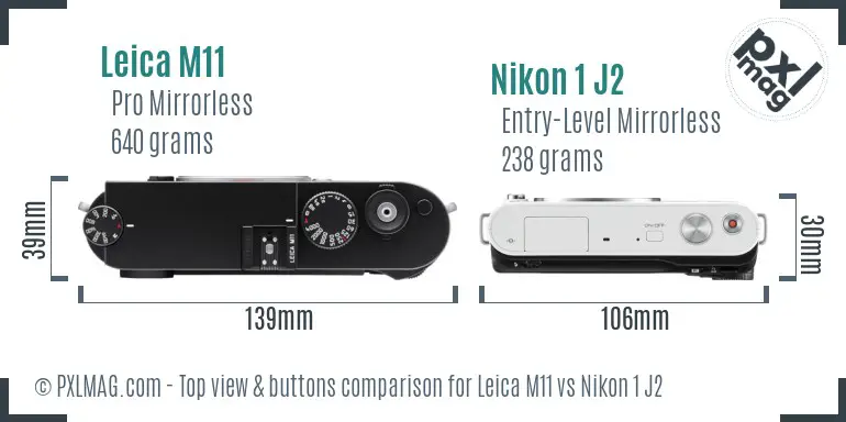 Leica M11 vs Nikon 1 J2 top view buttons comparison