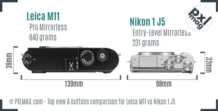 Leica M11 vs Nikon 1 J5 top view buttons comparison