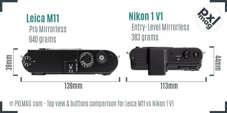 Leica M11 vs Nikon 1 V1 top view buttons comparison
