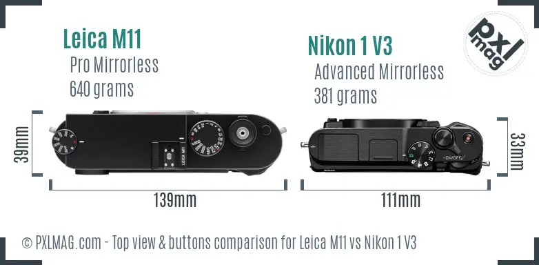 Leica M11 vs Nikon 1 V3 top view buttons comparison