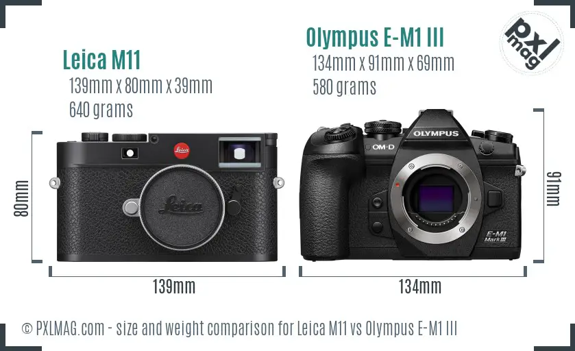 Leica M11 vs Olympus E-M1 III size comparison