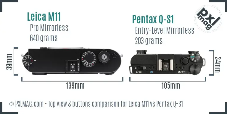 Leica M11 vs Pentax Q-S1 top view buttons comparison