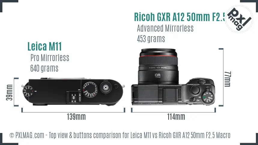 Leica M11 vs Ricoh GXR A12 50mm F2.5 Macro top view buttons comparison