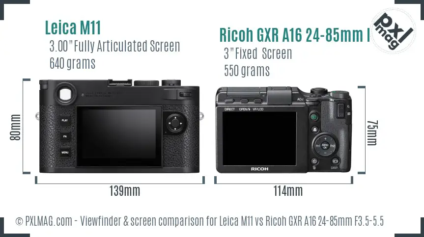Leica M11 vs Ricoh GXR A16 24-85mm F3.5-5.5 Screen and Viewfinder comparison