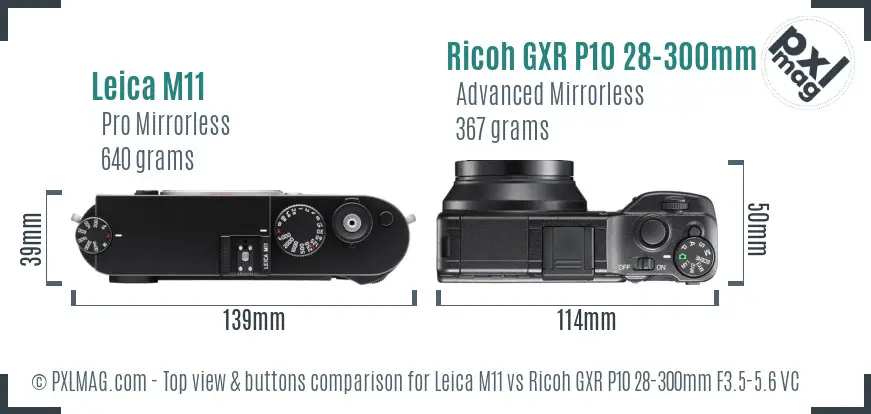 Leica M11 vs Ricoh GXR P10 28-300mm F3.5-5.6 VC top view buttons comparison