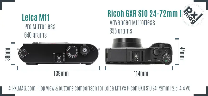 Leica M11 vs Ricoh GXR S10 24-72mm F2.5-4.4 VC top view buttons comparison Leica M11 vs Ricoh GXR S10 24-72mm F2.5-4.4 VC top view buttons comparison