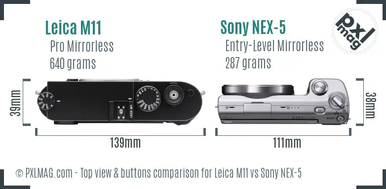 Leica M11 vs Sony NEX-5 top view buttons comparison Leica M11 vs Sony NEX-5 top view buttons comparison