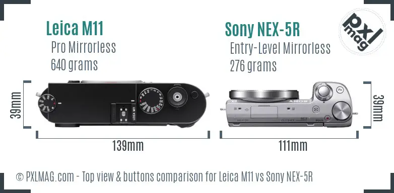 Leica M11 vs Sony NEX-5R top view buttons comparison Leica M11 vs Sony NEX-5R top view buttons comparison