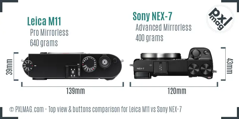 Leica M11 vs Sony NEX-7 top view buttons comparison