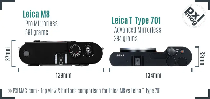 Leica M8 vs Leica T  Type 701 top view buttons comparison
