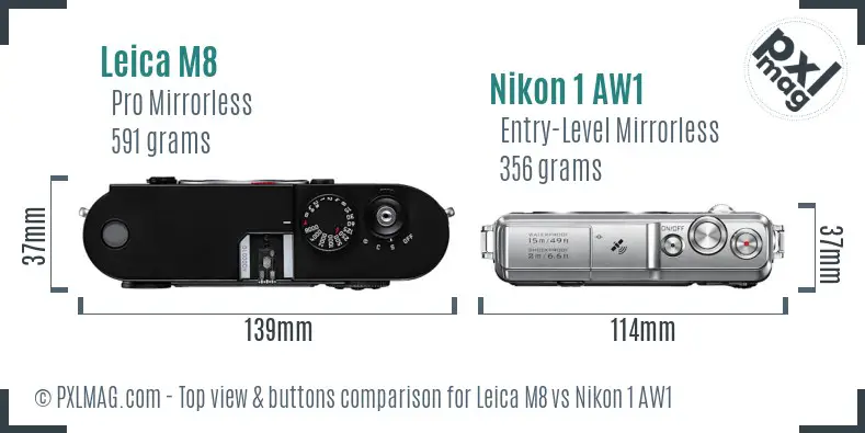Leica M8 vs Nikon 1 AW1 top view buttons comparison